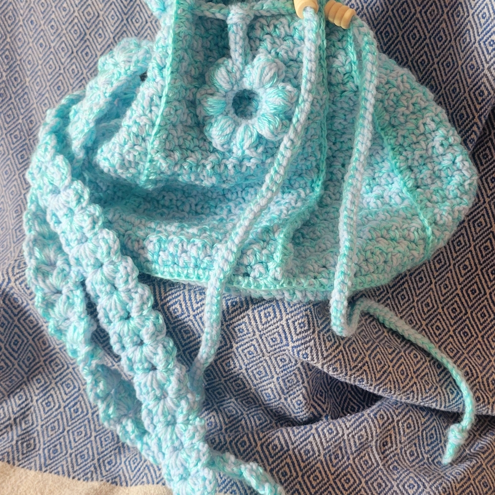 Crochet Aqua Bag with Floral Accent